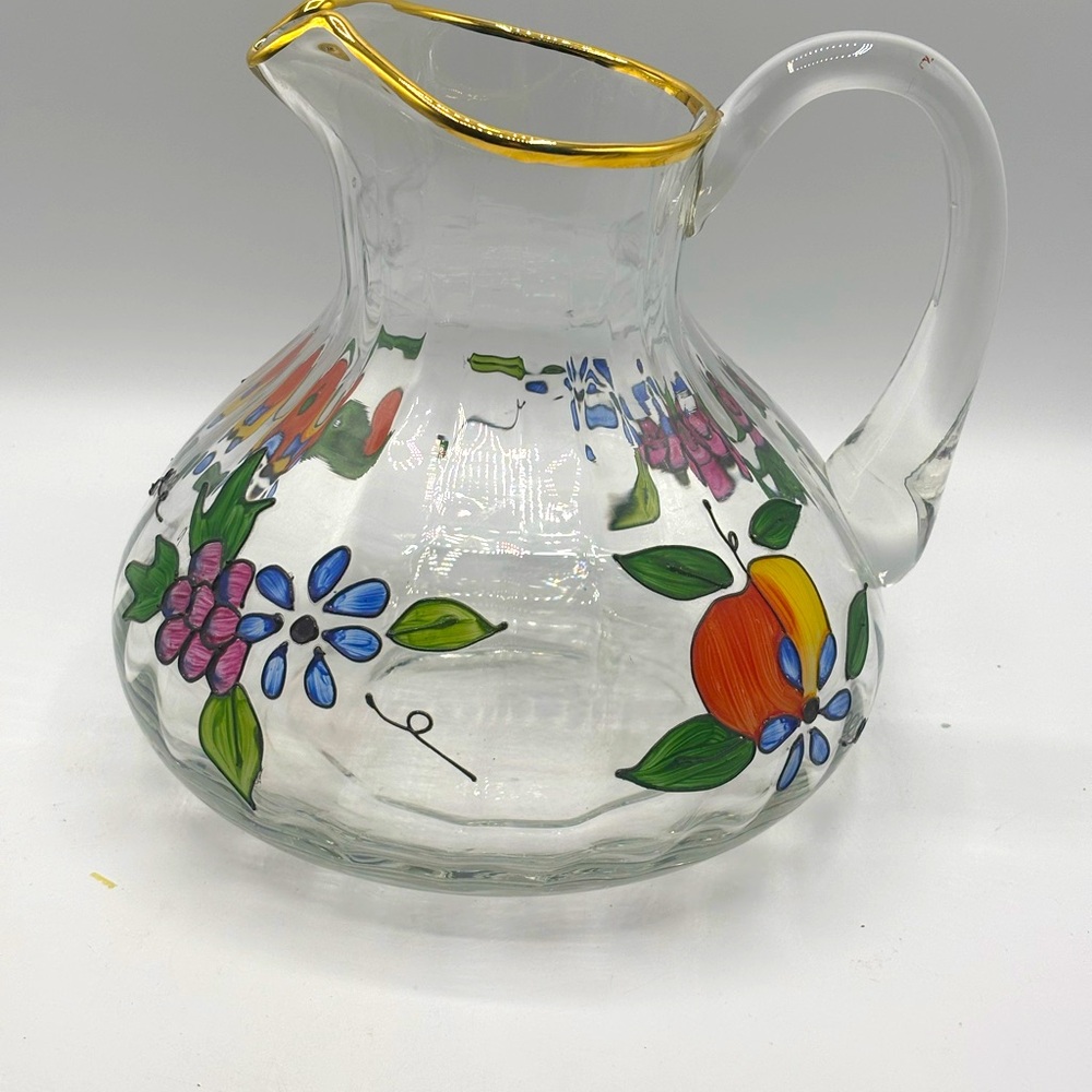 Vtg Fifth Avenue hand painted Romanian crystal 8" fruit floral gold rim pitcher - Picture 9 of 9
